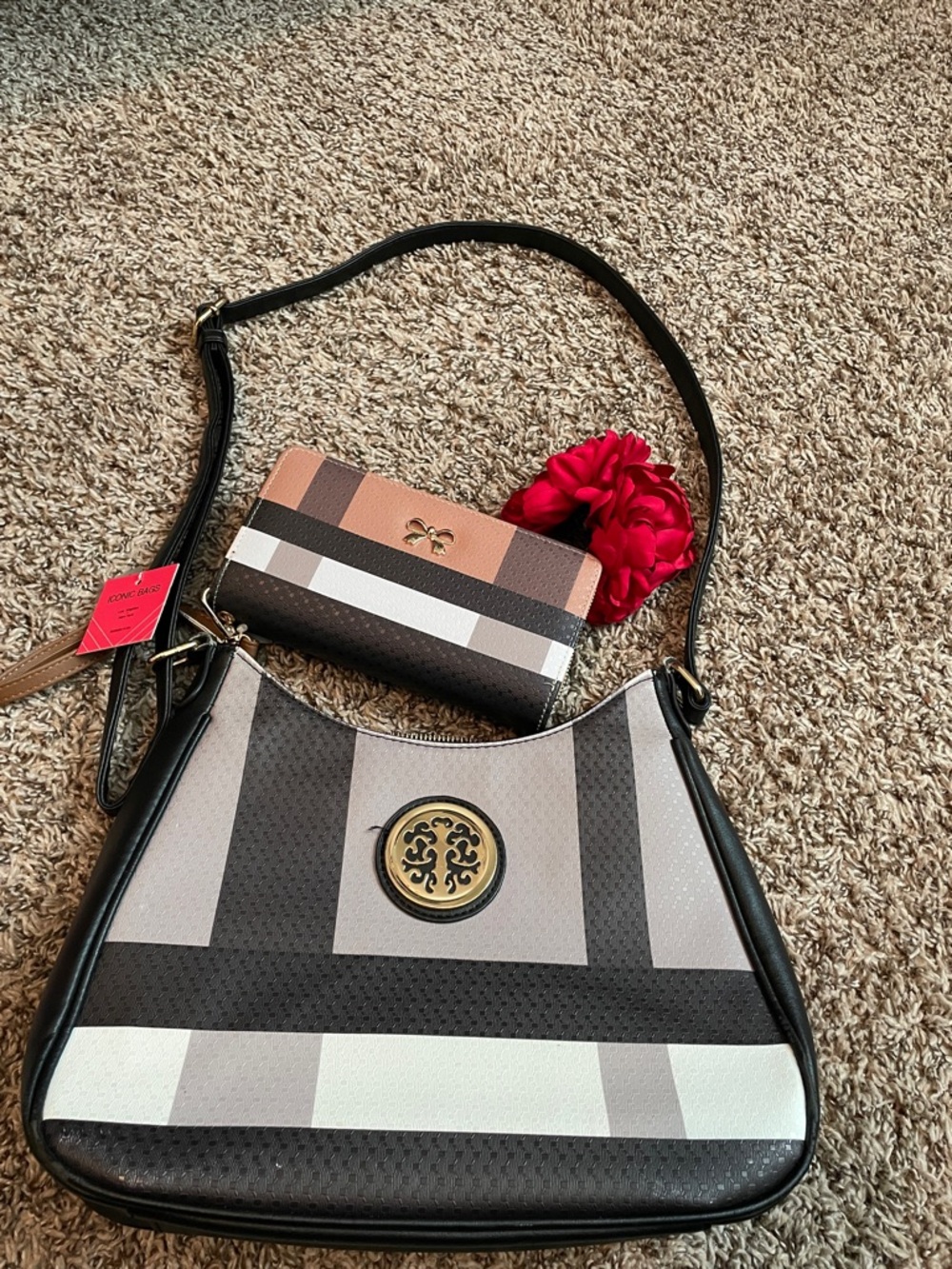 2 PC PLEADED EMBLEM HANDBAG w Wallet TAN, BLACK & GRAY bag Small rub /Wallet NWT